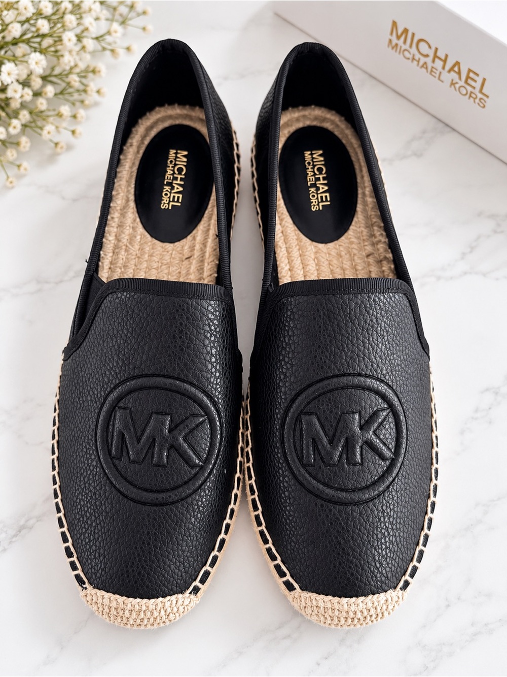 Michael Kors Black Leather MK Logo Espadrille Slip-Ons